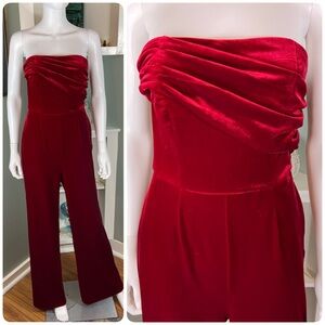 NWT New Steve Madden Red Swanilda Strapless Velvet Wide-Leg Jumpsuit Ruched S